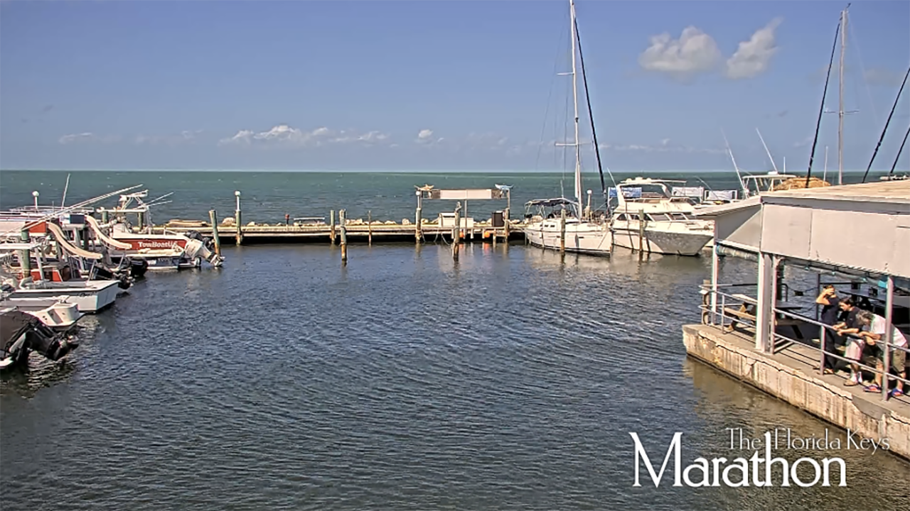 Marathon marina with boats, docks, and waterfront restaurant under a blue sky.